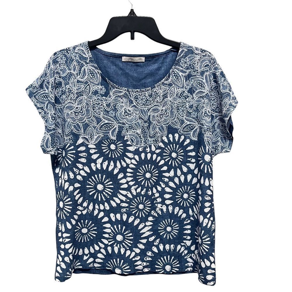 Armand Thiery Blue White Top Blouse Women's Medium Short Sleeve Tee Scoopneck